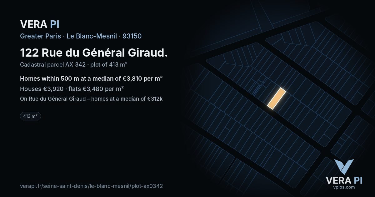 122 Rue du Général Giraud, Le Blanc-Mesnil at night – the plot lit, the parcels around coloured by the prices near them