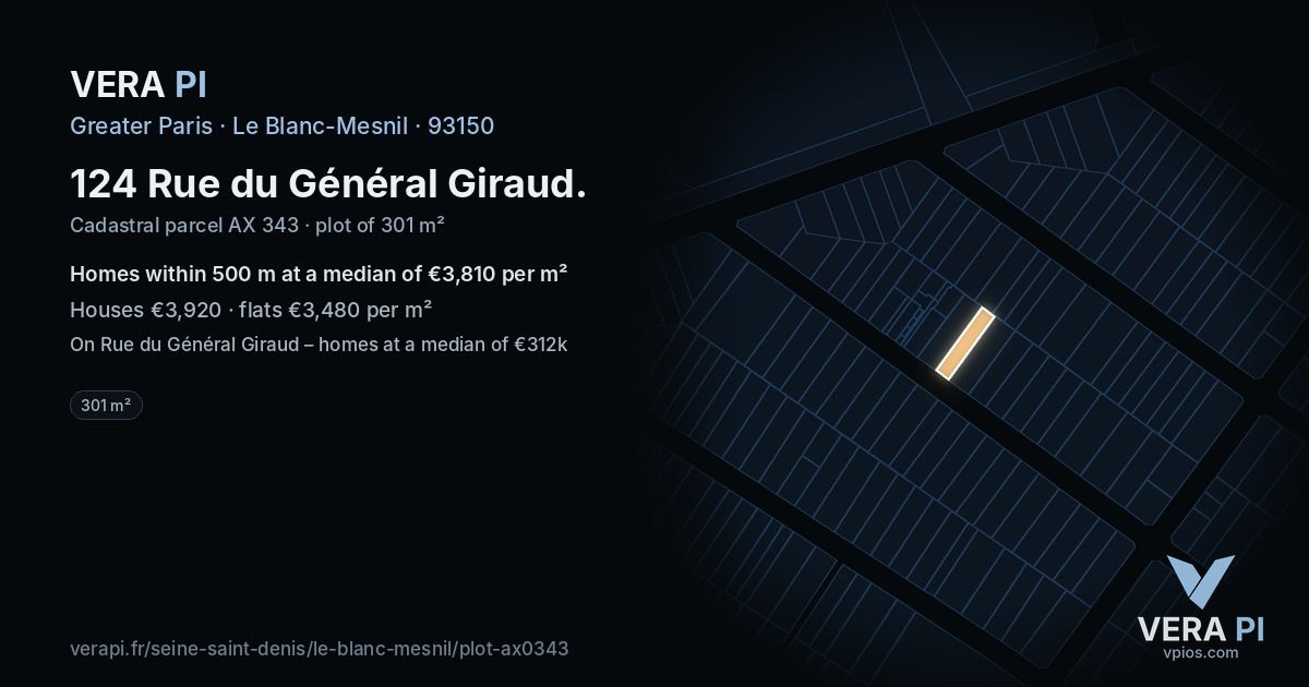 124 Rue du Général Giraud, Le Blanc-Mesnil at night – the plot lit, the parcels around coloured by the prices near them