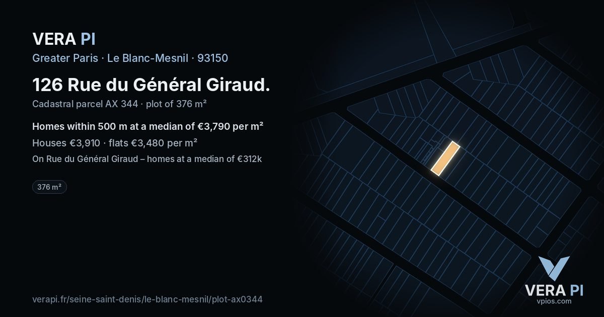 126 Rue du Général Giraud, Le Blanc-Mesnil at night – the plot lit, the parcels around coloured by the prices near them