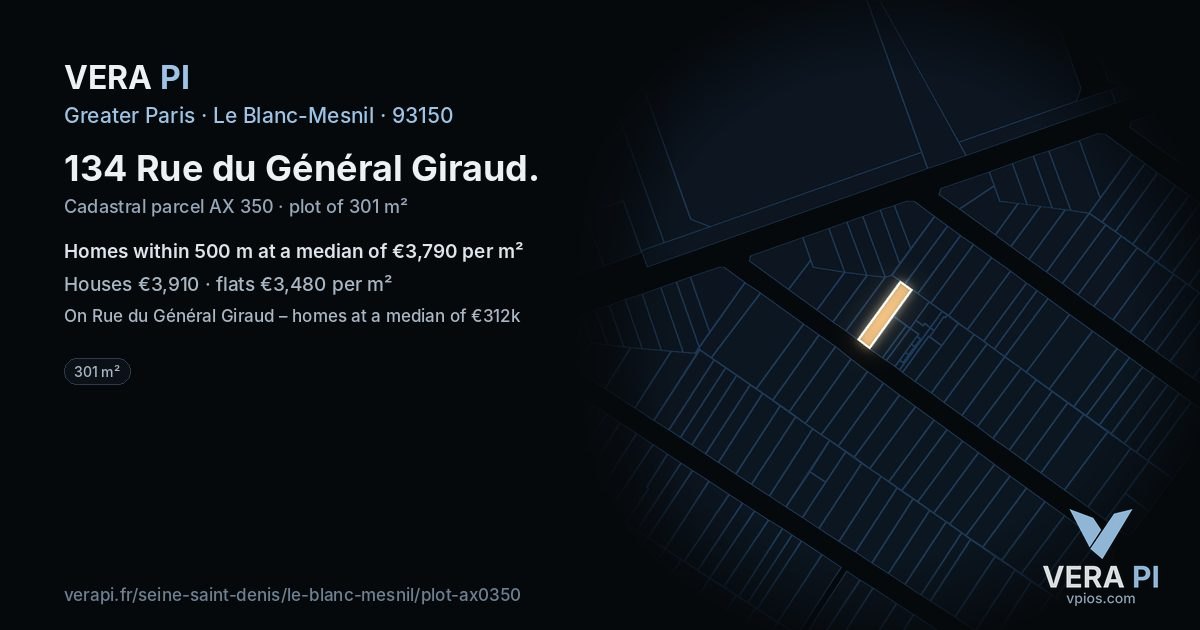 134 Rue du Général Giraud, Le Blanc-Mesnil at night – the plot lit, the parcels around coloured by the prices near them