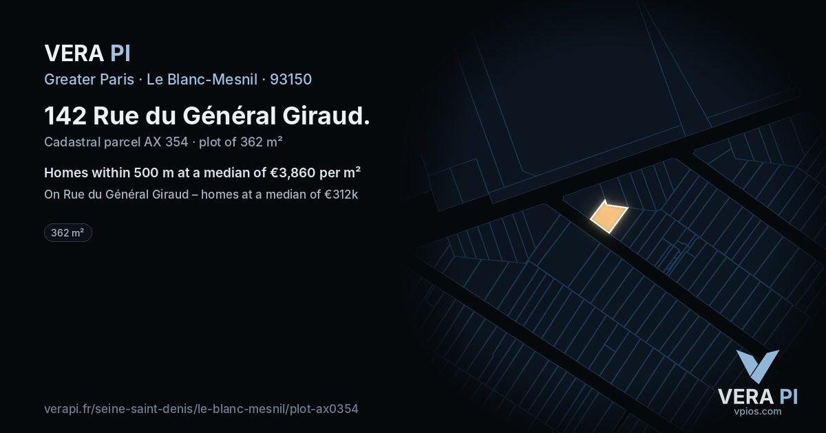 142 Rue du Général Giraud, Le Blanc-Mesnil at night – the plot lit, the parcels around coloured by the prices near them