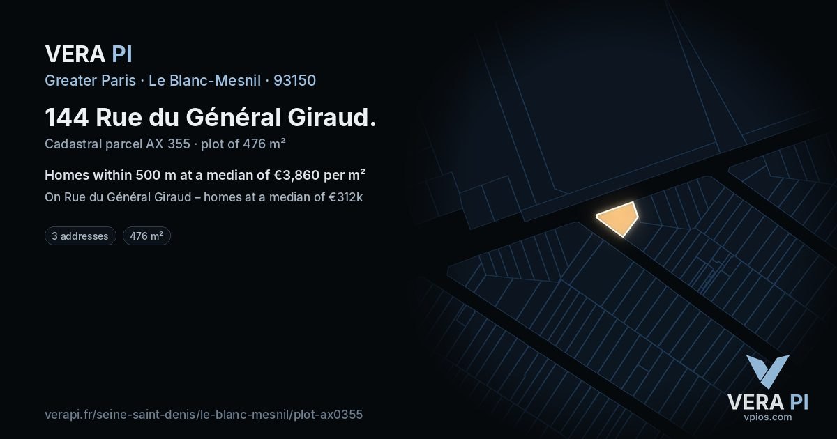 144 Rue du Général Giraud, Le Blanc-Mesnil at night – the plot lit, the parcels around coloured by the prices near them