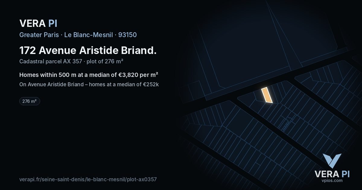 172 Avenue Aristide Briand, Le Blanc-Mesnil at night – the plot lit, the parcels around coloured by the prices near them