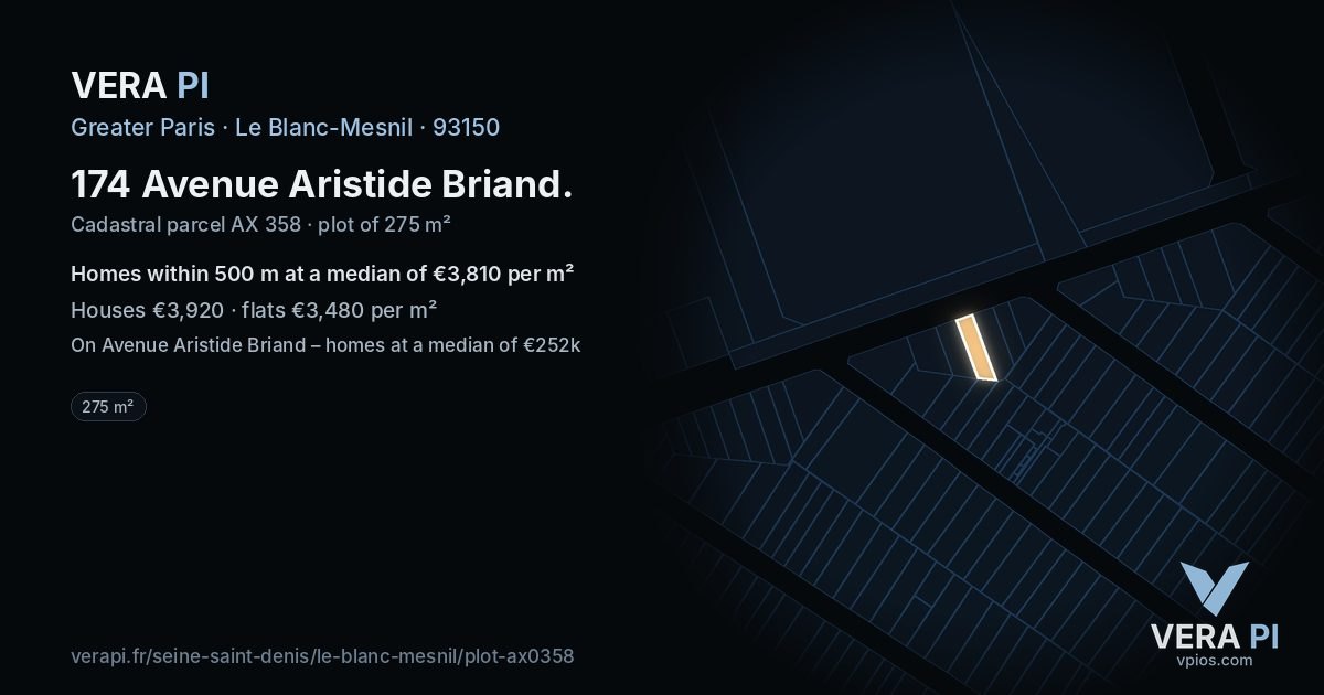 174 Avenue Aristide Briand, Le Blanc-Mesnil at night – the plot lit, the parcels around coloured by the prices near them