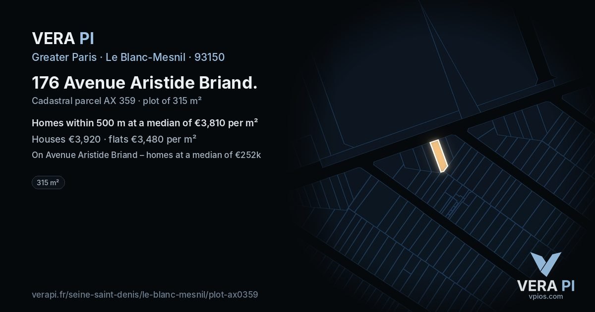 176 Avenue Aristide Briand, Le Blanc-Mesnil at night – the plot lit, the parcels around coloured by the prices near them