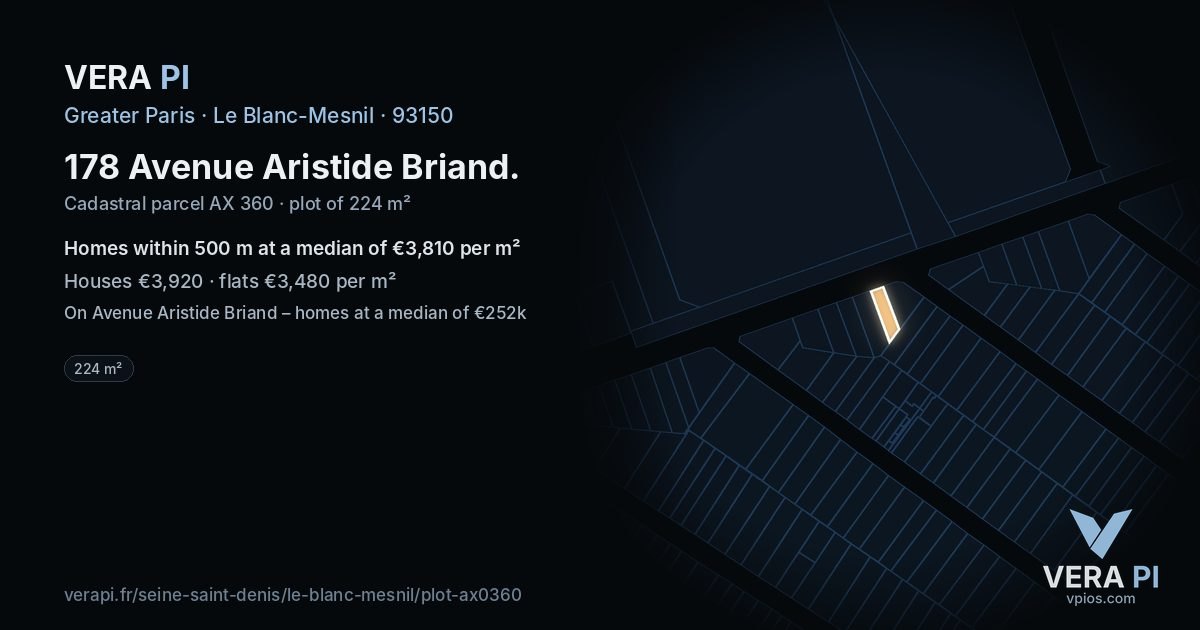178 Avenue Aristide Briand, Le Blanc-Mesnil at night – the plot lit, the parcels around coloured by the prices near them