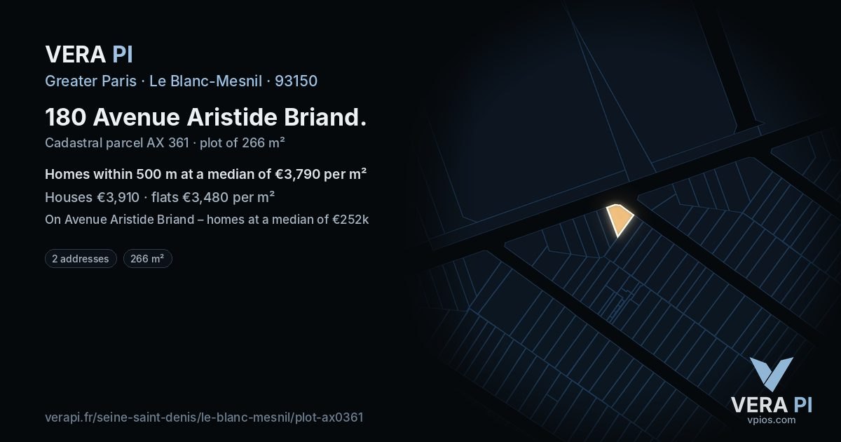 180 Avenue Aristide Briand, Le Blanc-Mesnil at night – the plot lit, the parcels around coloured by the prices near them