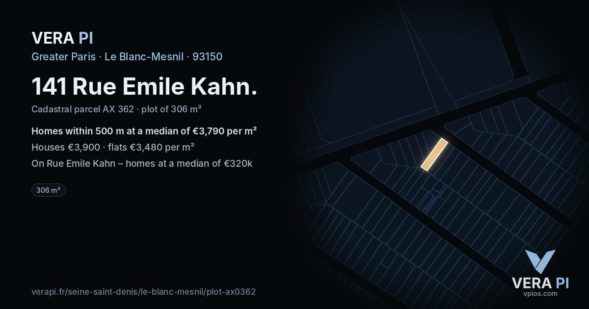 141 Rue Emile Kahn, Le Blanc-Mesnil at night – the plot lit, the parcels around coloured by the prices near them