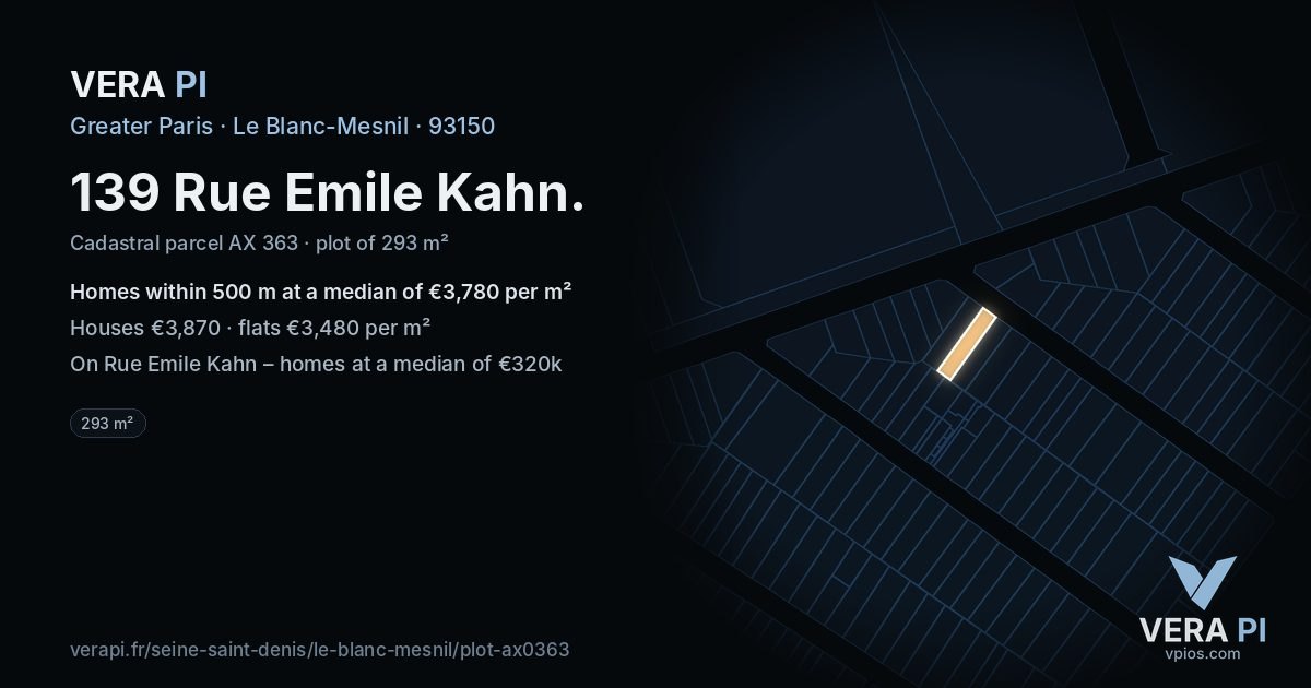 139 Rue Emile Kahn, Le Blanc-Mesnil at night – the plot lit, the parcels around coloured by the prices near them
