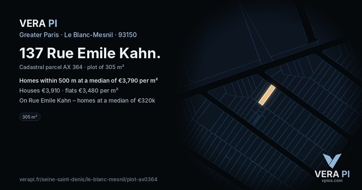 137 Rue Emile Kahn, Le Blanc-Mesnil at night – the plot lit, the parcels around coloured by the prices near them