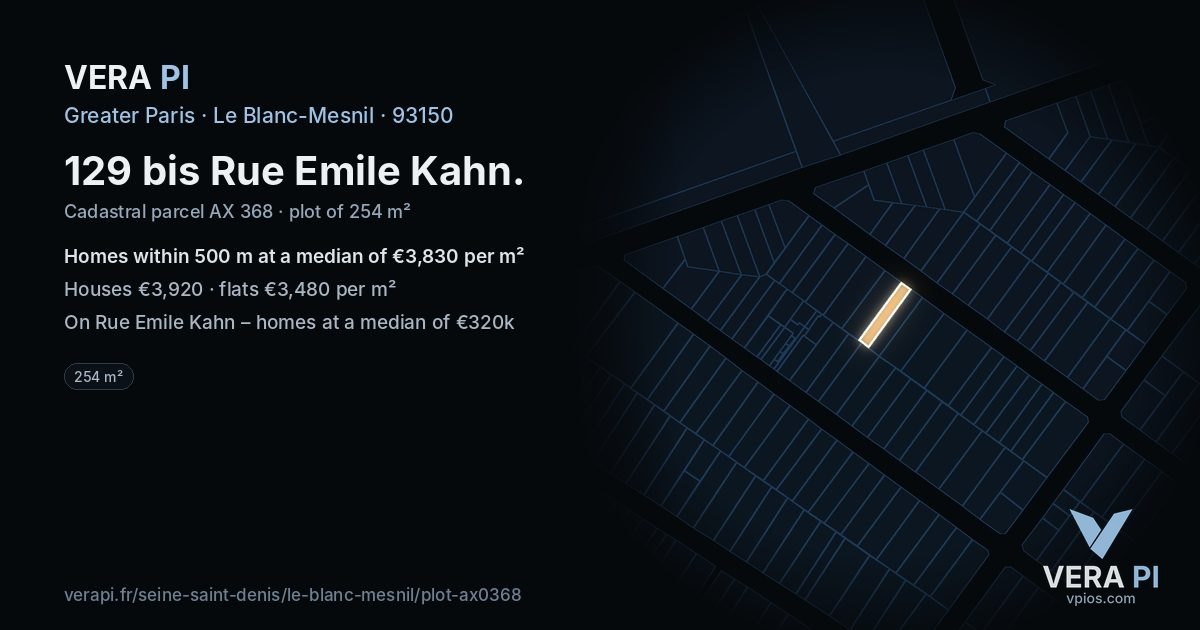 129 bis Rue Emile Kahn, Le Blanc-Mesnil at night – the plot lit, the parcels around coloured by the prices near them