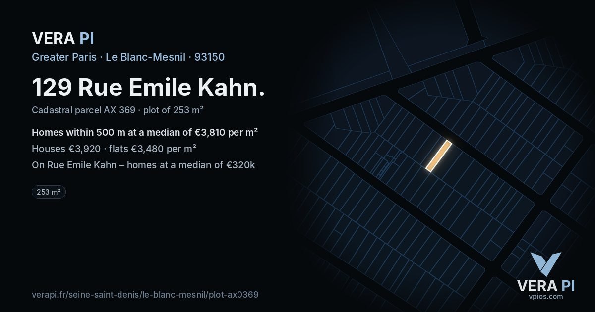 129 Rue Emile Kahn, Le Blanc-Mesnil at night – the plot lit, the parcels around coloured by the prices near them