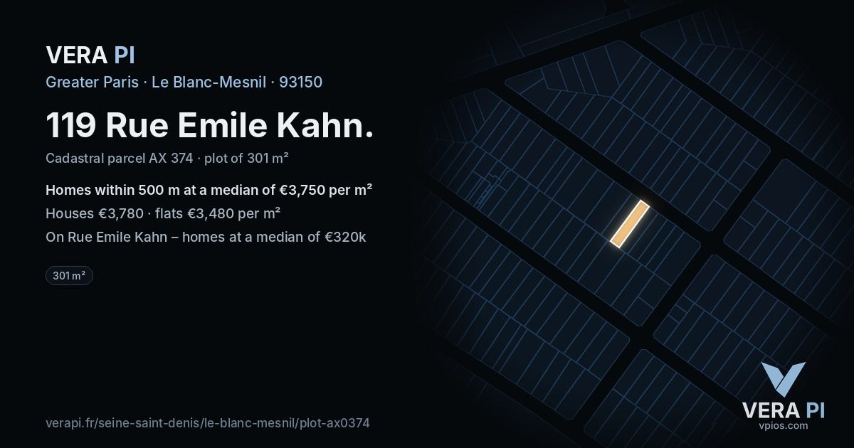 119 Rue Emile Kahn, Le Blanc-Mesnil at night – the plot lit, the parcels around coloured by the prices near them