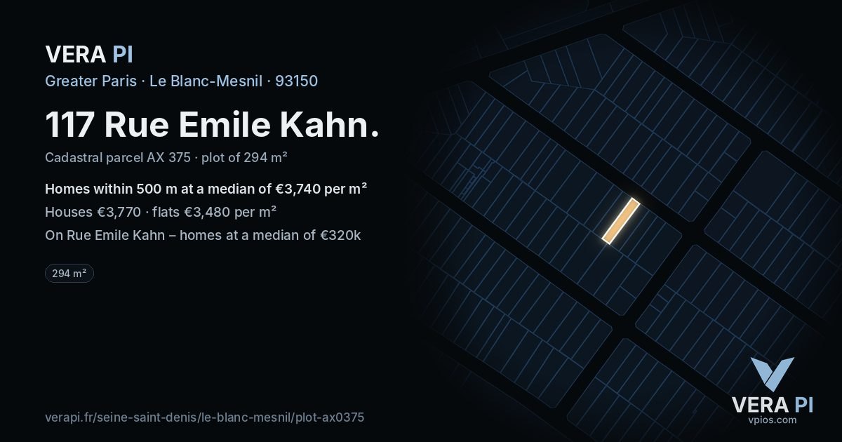 117 Rue Emile Kahn, Le Blanc-Mesnil at night – the plot lit, the parcels around coloured by the prices near them