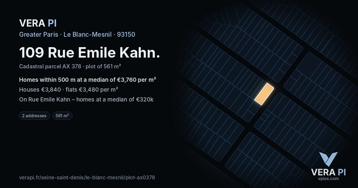 109 Rue Emile Kahn, Le Blanc-Mesnil at night – the plot lit, the parcels around coloured by the prices near them