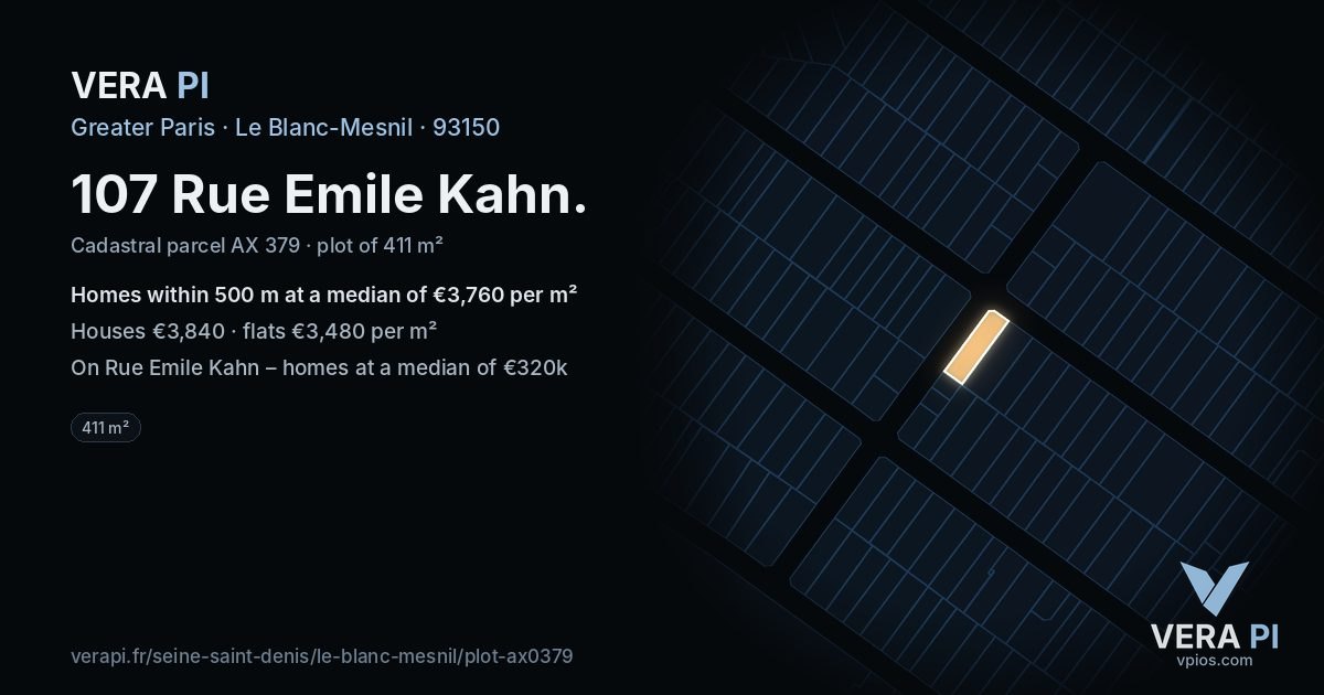 107 Rue Emile Kahn, Le Blanc-Mesnil at night – the plot lit, the parcels around coloured by the prices near them