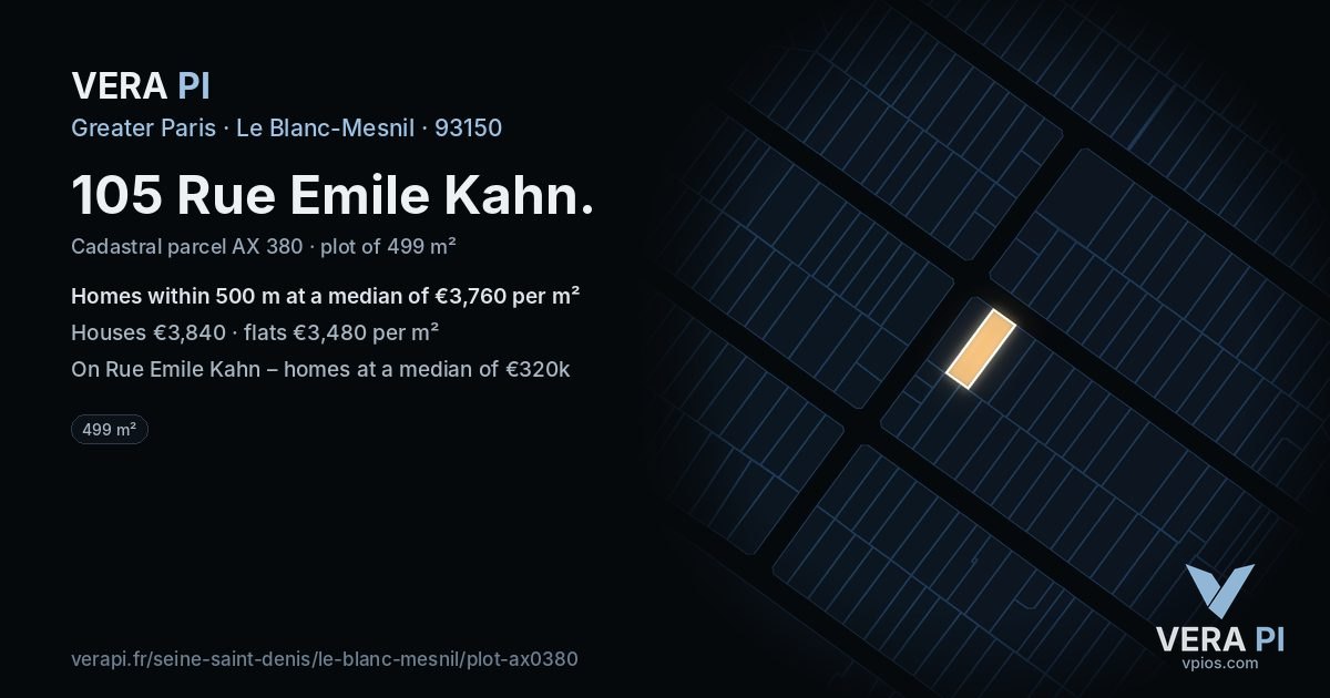 105 Rue Emile Kahn, Le Blanc-Mesnil at night – the plot lit, the parcels around coloured by the prices near them