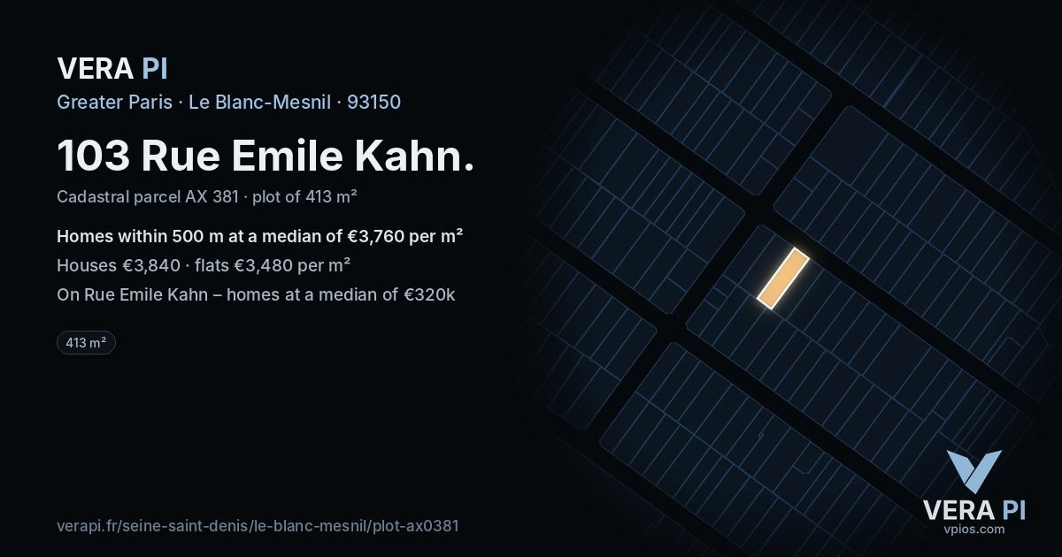 103 Rue Emile Kahn, Le Blanc-Mesnil at night – the plot lit, the parcels around coloured by the prices near them