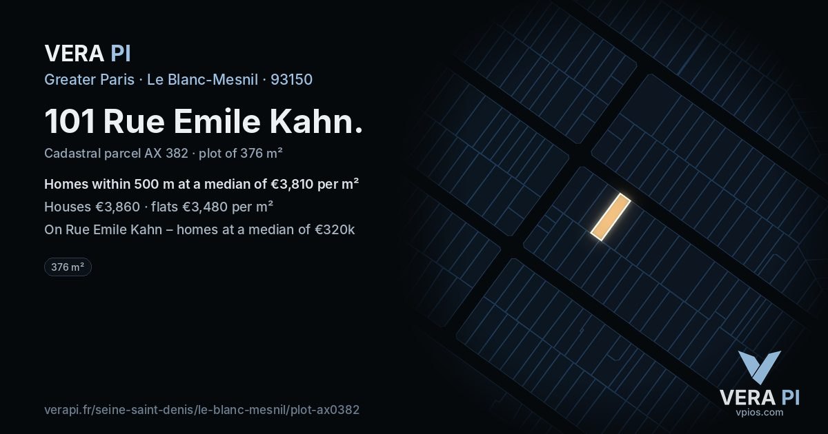 101 Rue Emile Kahn, Le Blanc-Mesnil at night – the plot lit, the parcels around coloured by the prices near them