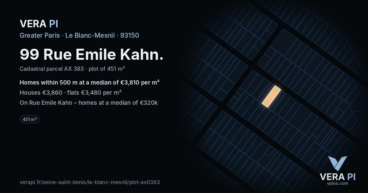 99 Rue Emile Kahn, Le Blanc-Mesnil at night – the plot lit, the parcels around coloured by the prices near them