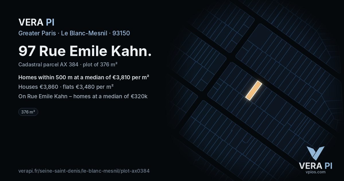 97 Rue Emile Kahn, Le Blanc-Mesnil at night – the plot lit, the parcels around coloured by the prices near them