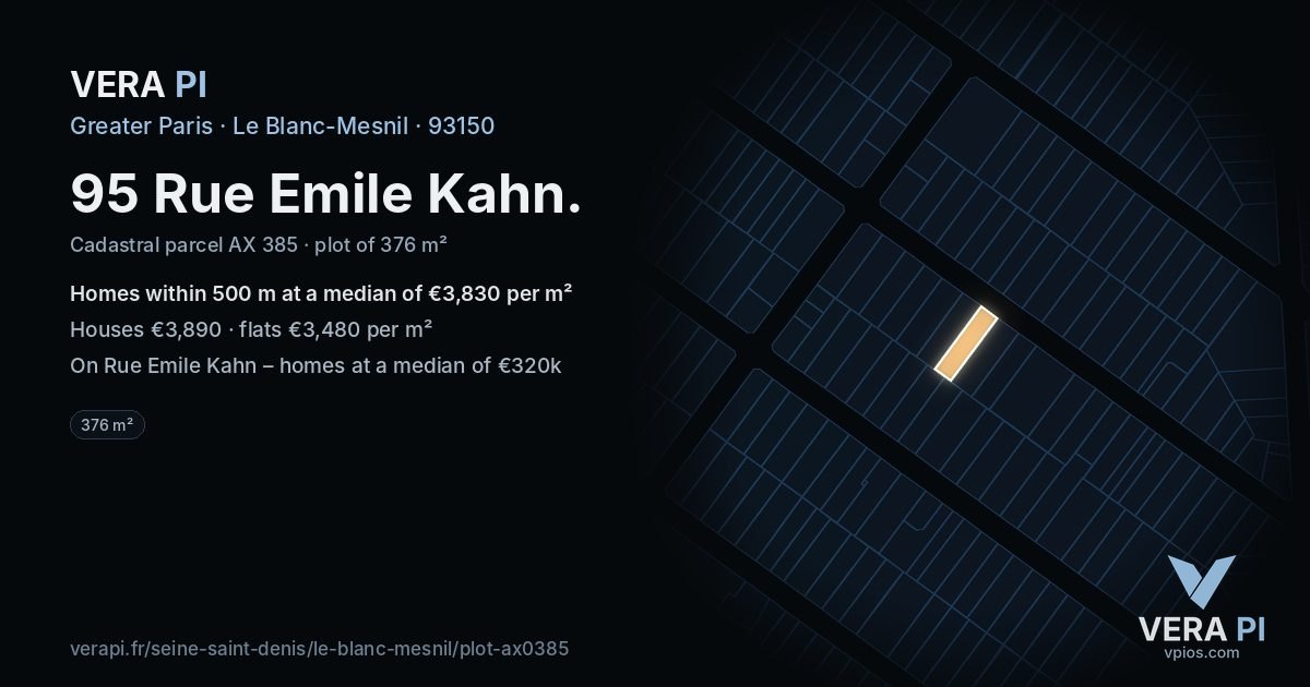 95 Rue Emile Kahn, Le Blanc-Mesnil at night – the plot lit, the parcels around coloured by the prices near them