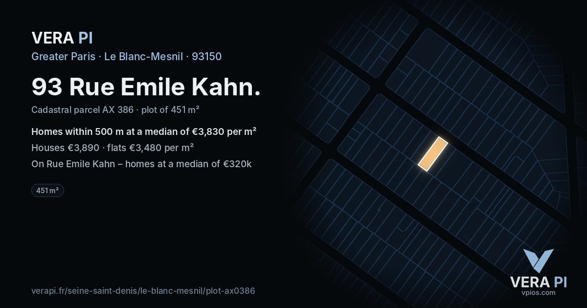 93 Rue Emile Kahn, Le Blanc-Mesnil at night – the plot lit, the parcels around coloured by the prices near them