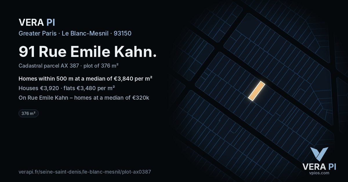 91 Rue Emile Kahn, Le Blanc-Mesnil at night – the plot lit, the parcels around coloured by the prices near them