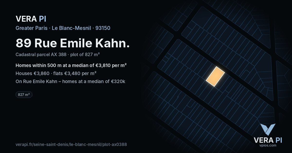 89 Rue Emile Kahn, Le Blanc-Mesnil at night – the plot lit, the parcels around coloured by the prices near them