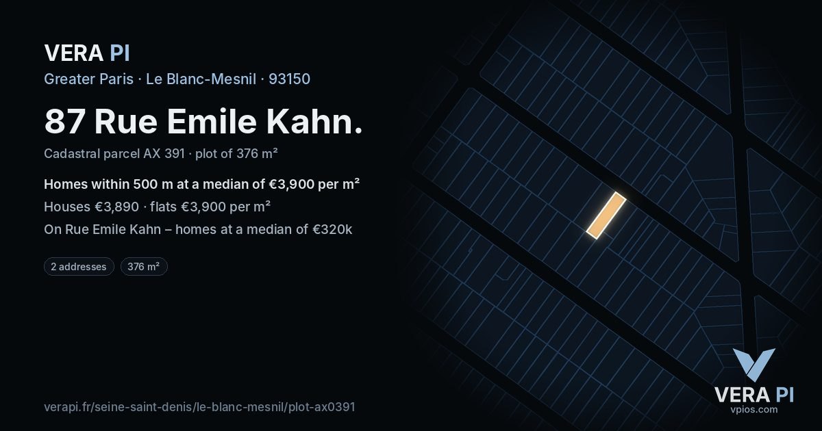 87 Rue Emile Kahn, Le Blanc-Mesnil at night – the plot lit, the parcels around coloured by the prices near them