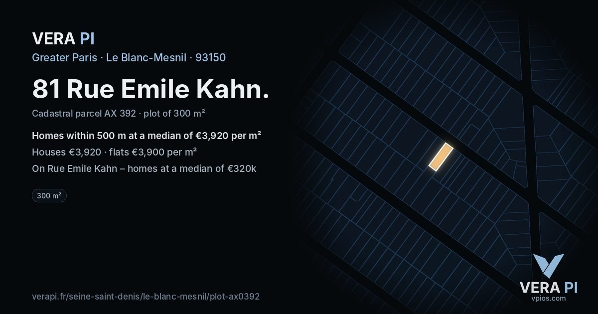 81 Rue Emile Kahn, Le Blanc-Mesnil at night – the plot lit, the parcels around coloured by the prices near them