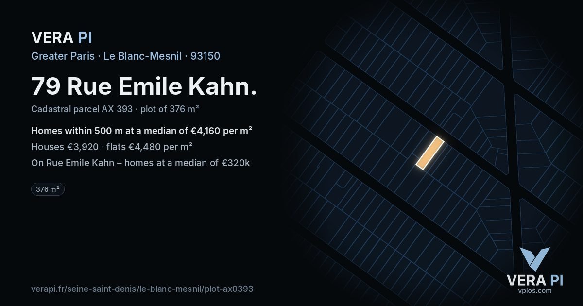 79 Rue Emile Kahn, Le Blanc-Mesnil at night – the plot lit, the parcels around coloured by the prices near them