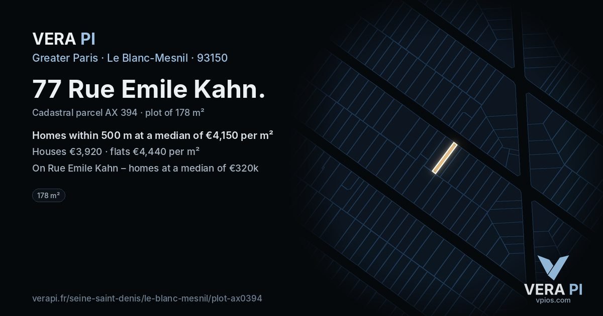 77 Rue Emile Kahn, Le Blanc-Mesnil at night – the plot lit, the parcels around coloured by the prices near them