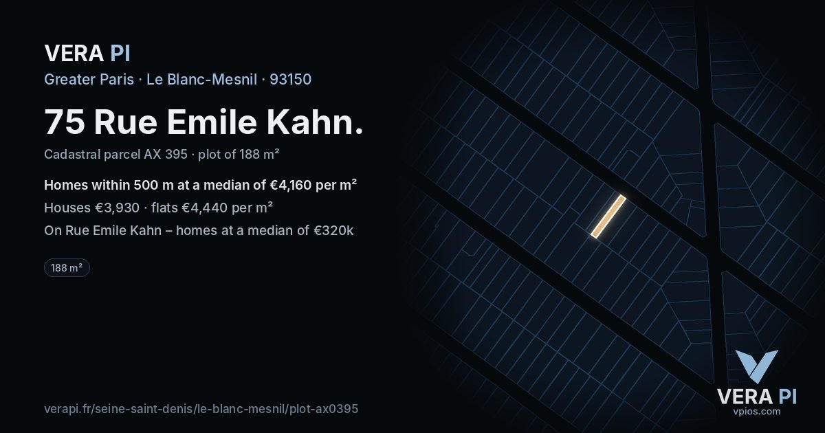 75 Rue Emile Kahn, Le Blanc-Mesnil at night – the plot lit, the parcels around coloured by the prices near them
