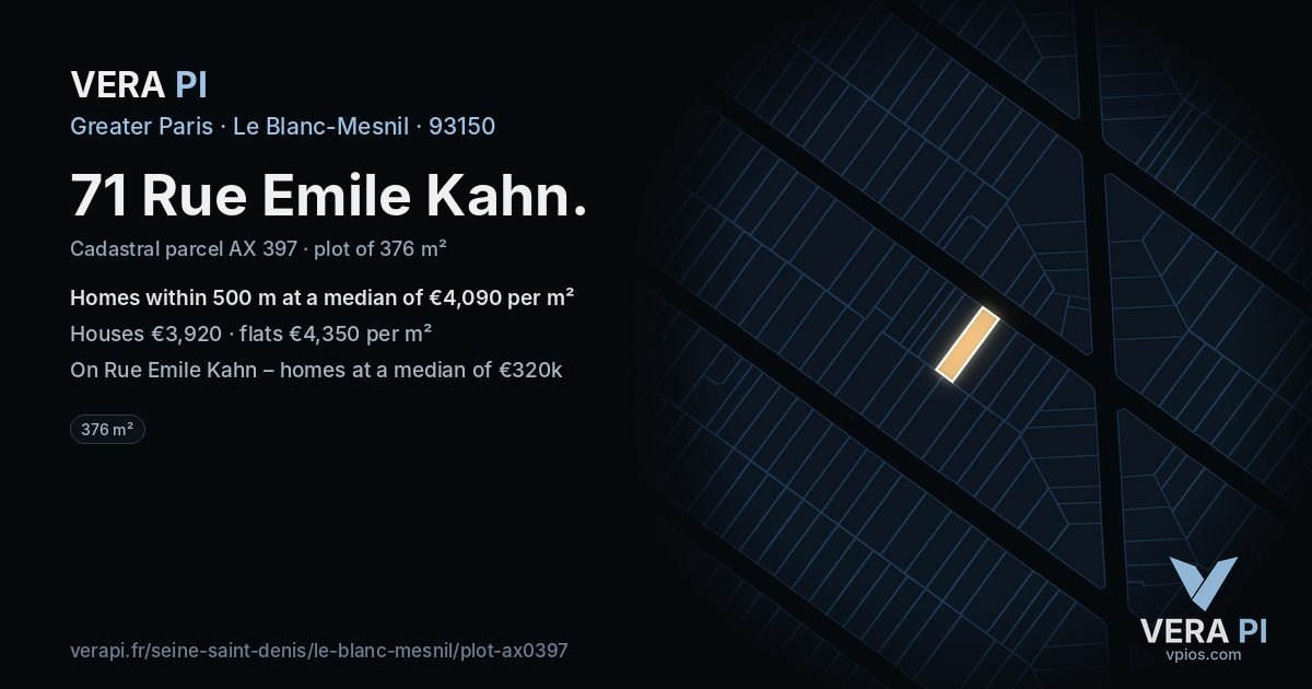 71 Rue Emile Kahn, Le Blanc-Mesnil at night – the plot lit, the parcels around coloured by the prices near them