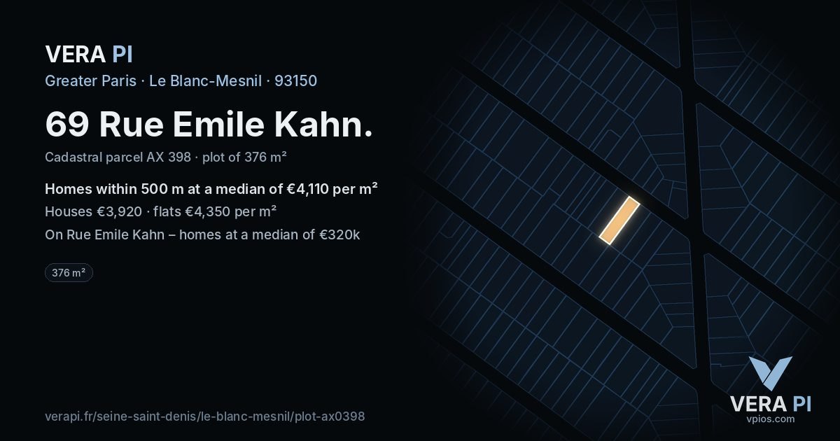 69 Rue Emile Kahn, Le Blanc-Mesnil at night – the plot lit, the parcels around coloured by the prices near them