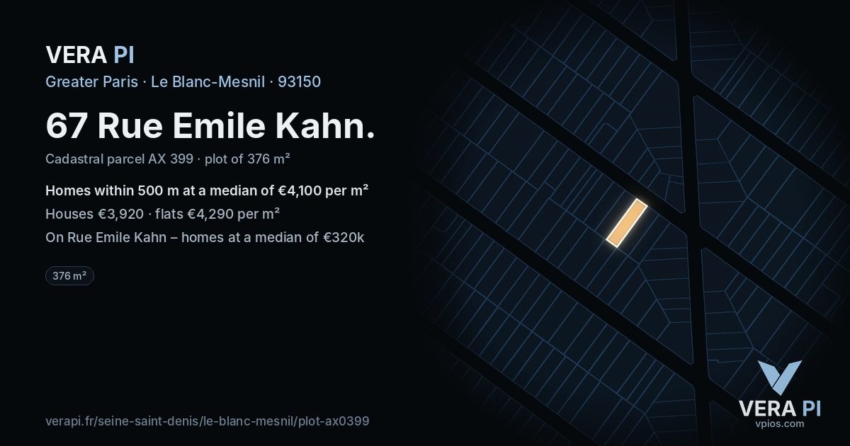67 Rue Emile Kahn, Le Blanc-Mesnil at night – the plot lit, the parcels around coloured by the prices near them