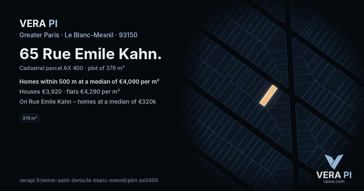 65 Rue Emile Kahn, Le Blanc-Mesnil at night – the plot lit, the parcels around coloured by the prices near them