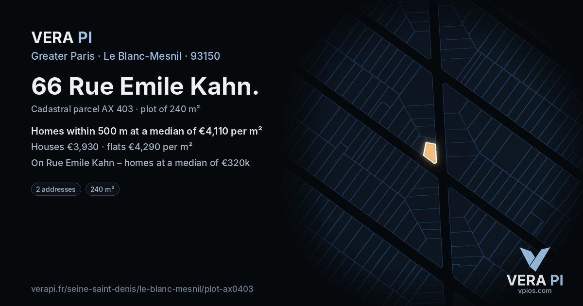 66 Rue Emile Kahn, Le Blanc-Mesnil at night – the plot lit, the parcels around coloured by the prices near them