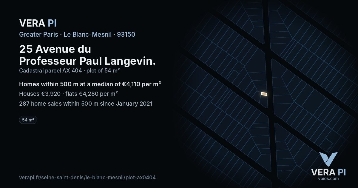 25 Avenue du Professeur Paul Langevin, Le Blanc-Mesnil at night – the plot lit, the parcels around coloured by the prices near them