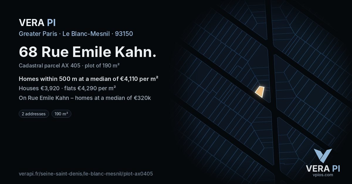 68 Rue Emile Kahn, Le Blanc-Mesnil at night – the plot lit, the parcels around coloured by the prices near them