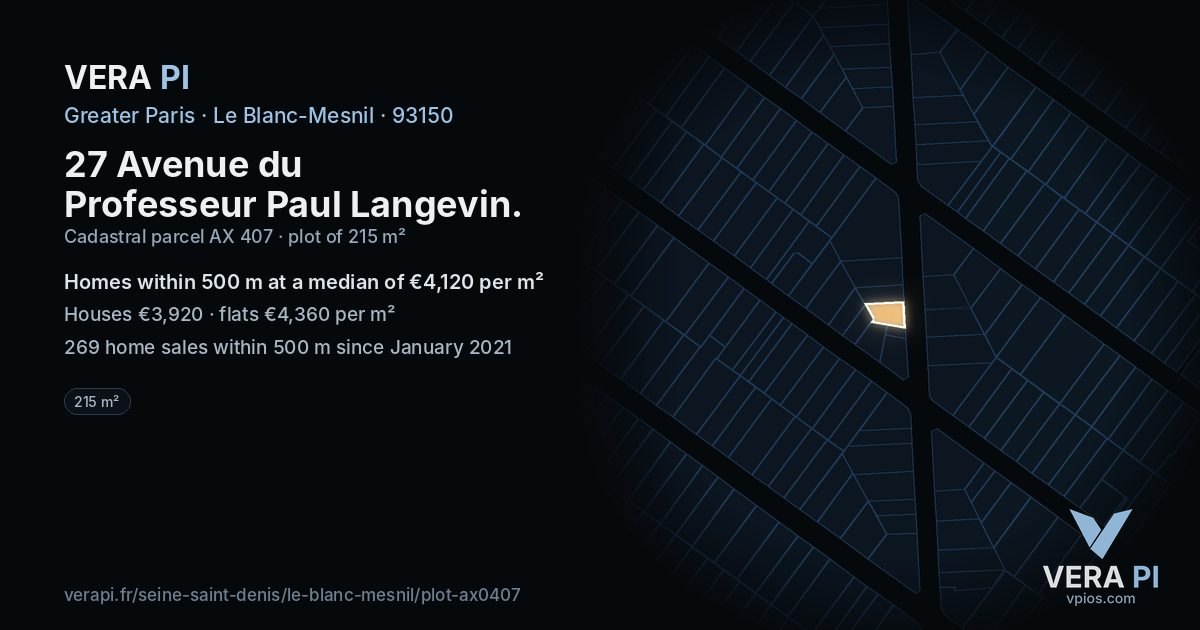 27 Avenue du Professeur Paul Langevin, Le Blanc-Mesnil at night – the plot lit, the parcels around coloured by the prices near them