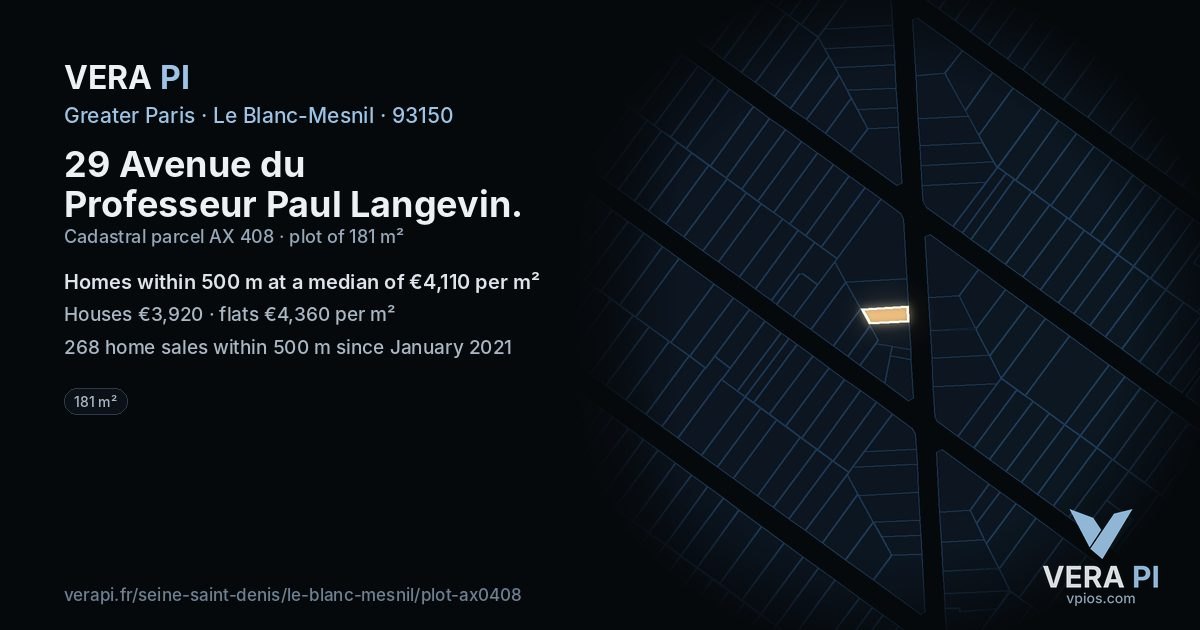 29 Avenue du Professeur Paul Langevin, Le Blanc-Mesnil at night – the plot lit, the parcels around coloured by the prices near them