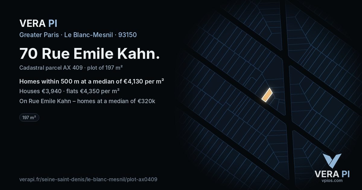 70 Rue Emile Kahn, Le Blanc-Mesnil at night – the plot lit, the parcels around coloured by the prices near them