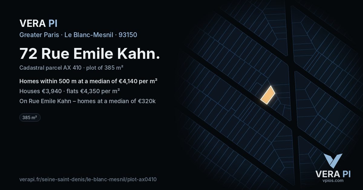 72 Rue Emile Kahn, Le Blanc-Mesnil at night – the plot lit, the parcels around coloured by the prices near them