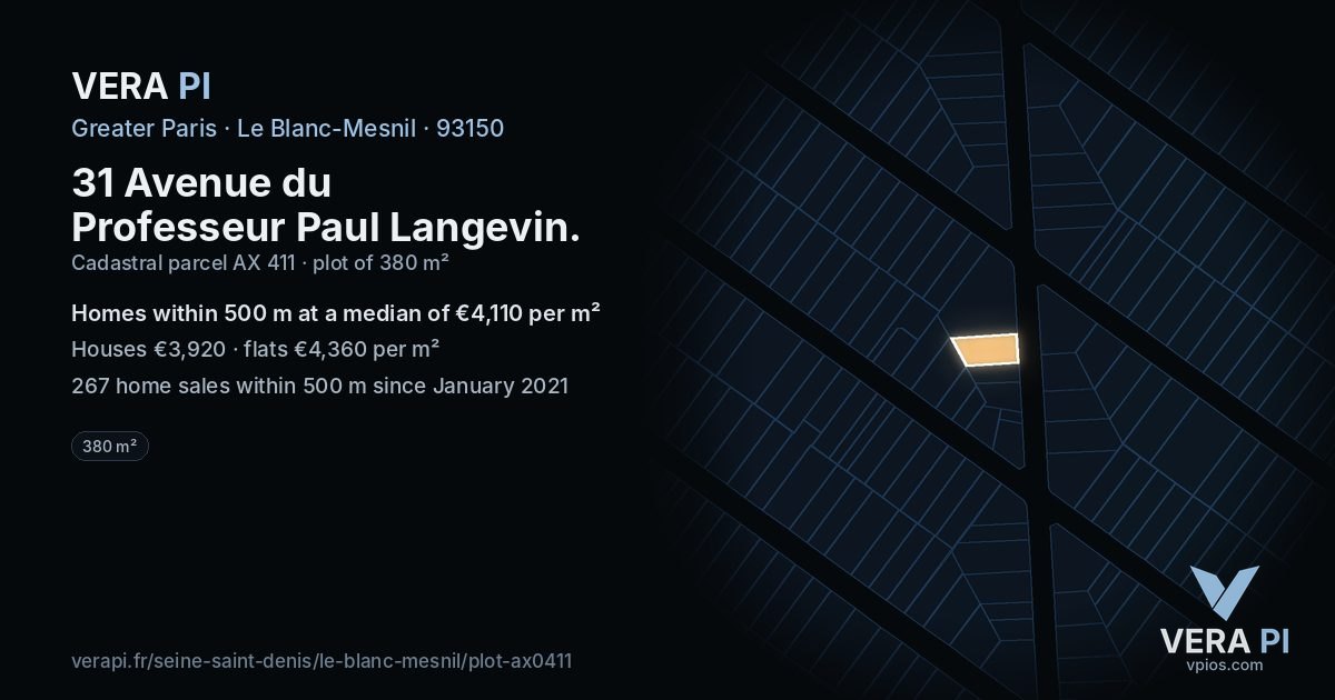 31 Avenue du Professeur Paul Langevin, Le Blanc-Mesnil at night – the plot lit, the parcels around coloured by the prices near them