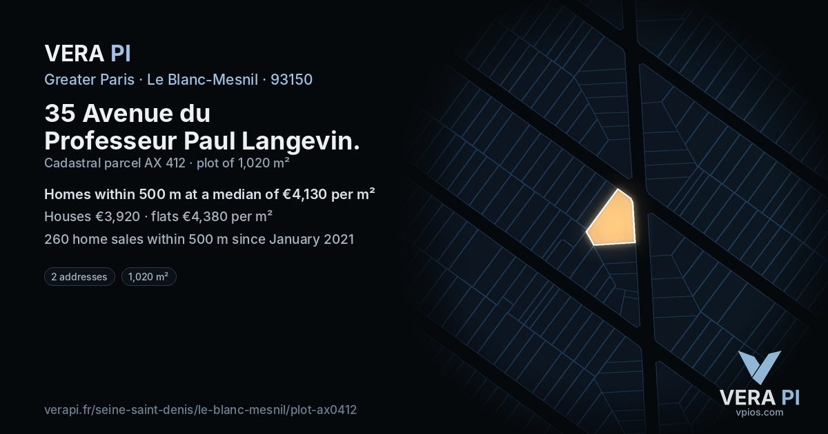 35 Avenue du Professeur Paul Langevin, Le Blanc-Mesnil at night – the plot lit, the parcels around coloured by the prices near them