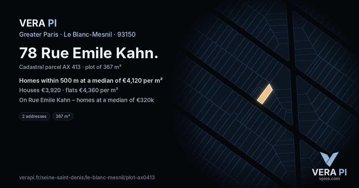78 Rue Emile Kahn, Le Blanc-Mesnil at night – the plot lit, the parcels around coloured by the prices near them