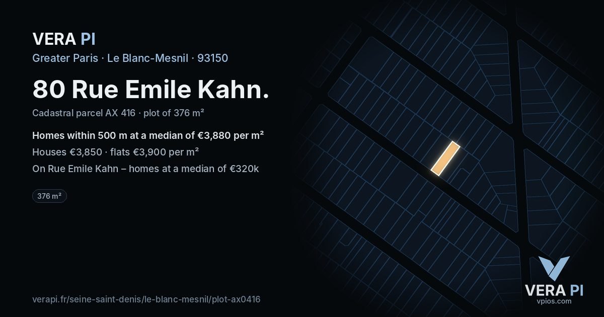 80 Rue Emile Kahn, Le Blanc-Mesnil at night – the plot lit, the parcels around coloured by the prices near them