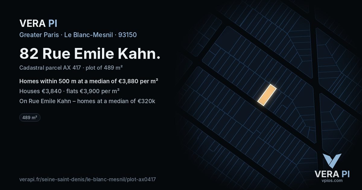 82 Rue Emile Kahn, Le Blanc-Mesnil at night – the plot lit, the parcels around coloured by the prices near them